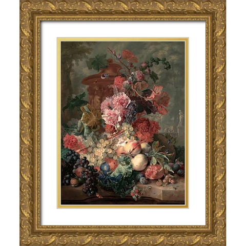 Fruit Piece Gold Ornate Wood Framed Art Print with Double Matting by Van Huysum, Jan
