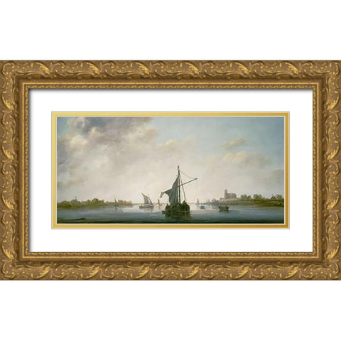 A View of the Maas at Dordrecht Gold Ornate Wood Framed Art Print with Double Matting by Cuyp, Aelbert