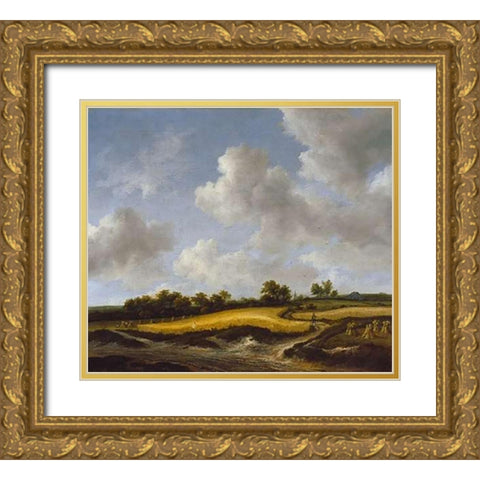 Landscape with a Wheatfield Gold Ornate Wood Framed Art Print with Double Matting by Van Ruisdael, Jacob