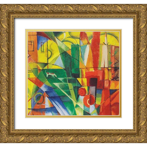 Landscape with House, Dog and Cattle, 1914 Gold Ornate Wood Framed Art Print with Double Matting by Marc, Franz