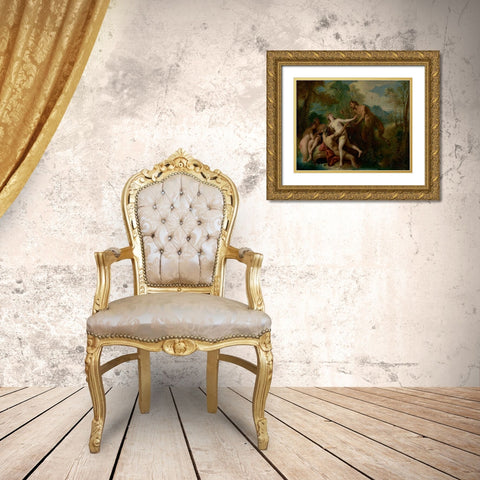 Pan and Syrinx Gold Ornate Wood Framed Art Print with Double Matting by de Troy, Jean-Francois