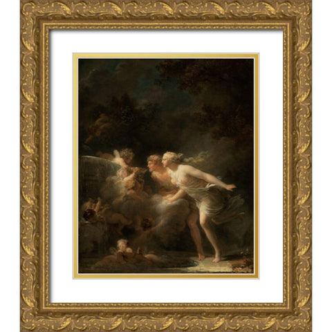 The Fountain of Love Gold Ornate Wood Framed Art Print with Double Matting by Fragonard, Jean-Honore