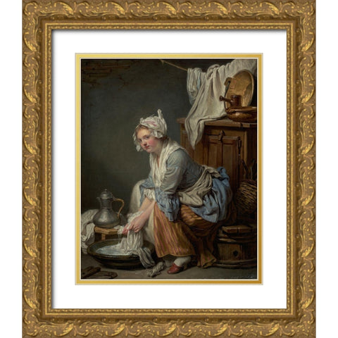 The Laundress (La Blanchisseuse) Gold Ornate Wood Framed Art Print with Double Matting by Greuze, Jean-Baptiste