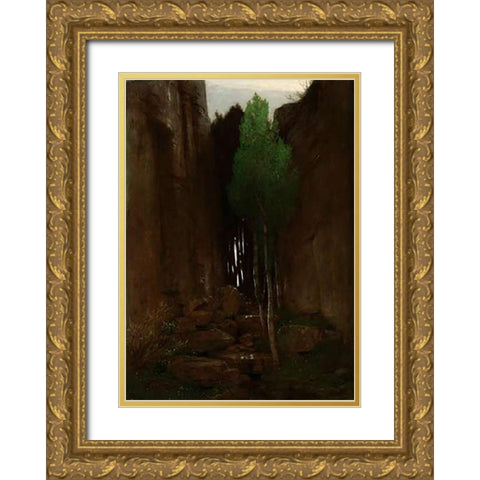 Quell in einer Felsschlucht (Spring in a Narrow Gorge) Gold Ornate Wood Framed Art Print with Double Matting by Boulin, Arnold