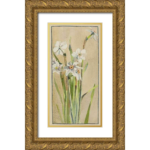White Narcissus with Gray Accents Gold Ornate Wood Framed Art Print with Double Matting by Overbeck, Hannah Borger