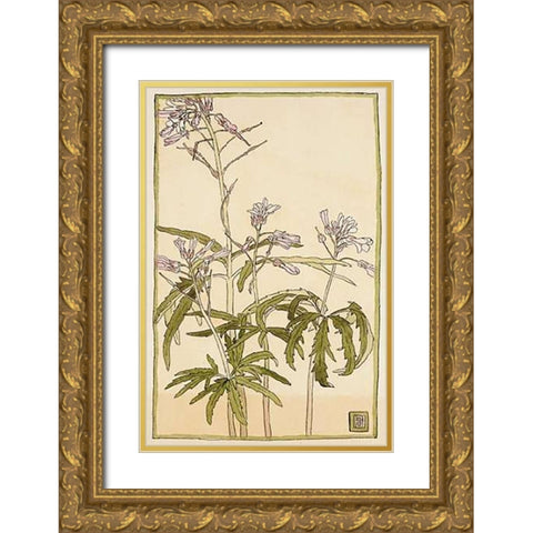 Pink Flowers with Spiky Green Leaves Gold Ornate Wood Framed Art Print with Double Matting by Overbeck, Hannah Borger