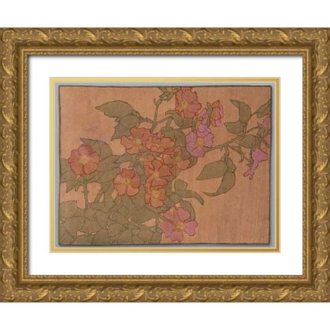 Pink Roses on Terracotta Color Ground Gold Ornate Wood Framed Art Print with Double Matting by Overbeck, Hannah Borger