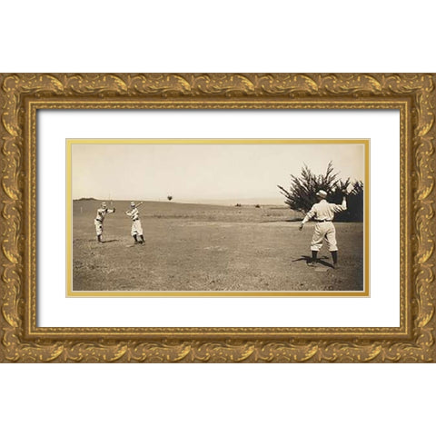 Three Boys With A Ball And Bat, Playing One Old Cat Gold Ornate Wood Framed Art Print with Double Matting by A.G. Spalding Baseball Collection