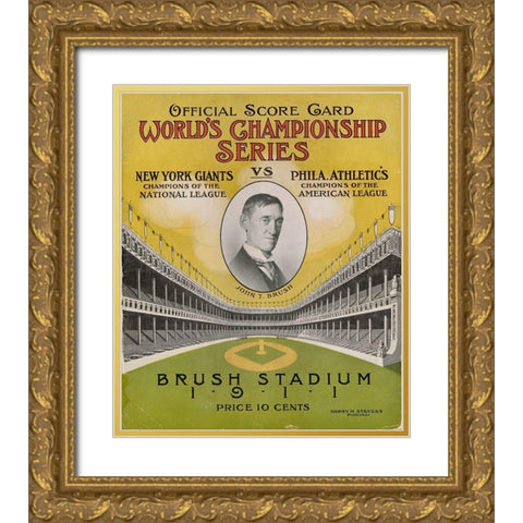 Offical Score Card Worlds Championship Series - New York Giants vs Philadelphia Athletics, 1880 Gold Ornate Wood Framed Art Print with Double Matting by Stevens,