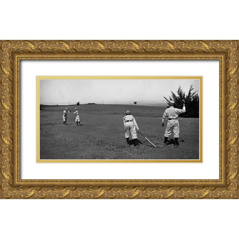 Four Boys With A Ball and Two Bats, Playing Two Old Cat Gold Ornate Wood Framed Art Print with Double Matting by A.G. Spalding Baseball Collection