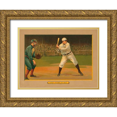 Chief Myers at Bat, Baseball Card, 1911 Gold Ornate Wood Framed Art Print with Double Matting by American Tobacco Company