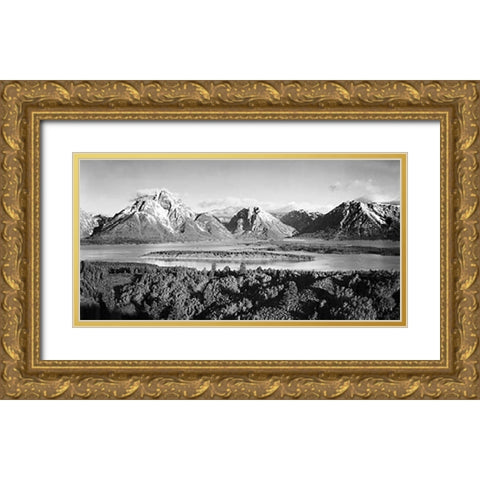Mt. Moran and Jackson Lake from Signal Hill, Grand Teton National Park, Wyoming, 1941 Gold Ornate Wood Framed Art Print with Double Matting by Adams, Ansel
