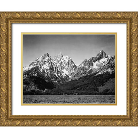 Grassy valley and snow covered peaks, Grand Teton National Park, Wyoming, 1941 Gold Ornate Wood Framed Art Print with Double Matting by Adams, Ansel