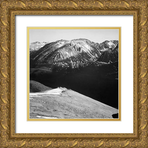 Panorama of barren mountains and shadowed valley, in Rocky Mountain National Park, Colorado, ca. 194 Gold Ornate Wood Framed Art Print with Double Matting by Adams, Ansel