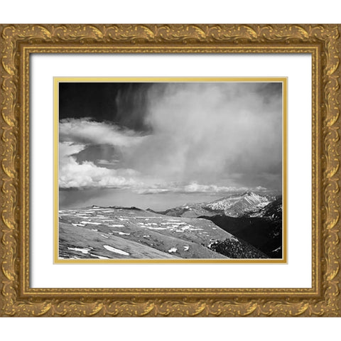 Mountain tops, low horizen, low hanging clouds, in Rocky Mountain National Park, Colorado, ca. 1941- Gold Ornate Wood Framed Art Print with Double Matting by Adams, Ansel