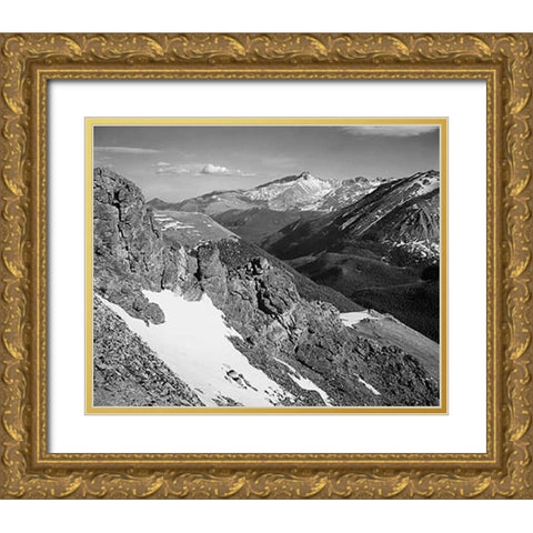 View of barren mountains with snow, in Rocky Mountain National Park, Colorado, ca. 1941-1942 Gold Ornate Wood Framed Art Print with Double Matting by Adams, Ansel