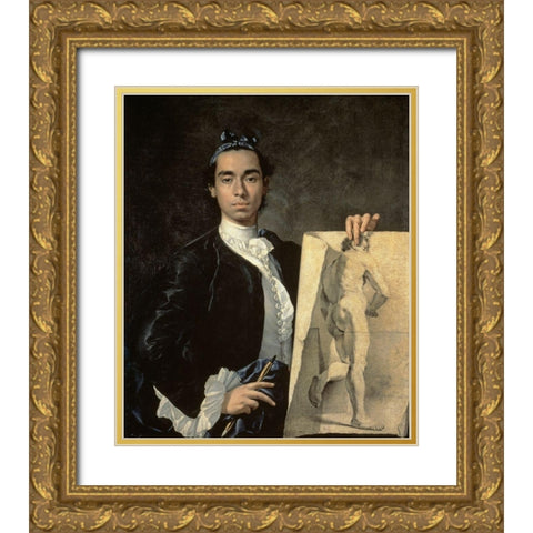 Custom Crop - Portrait of The Artist Holding a Life Study Gold Ornate Wood Framed Art Print with Double Matting by Melendez, Luis Egidio