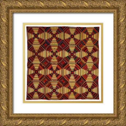 Quilt, Log Cabin Pattern, Pineapple variation Gold Ornate Wood Framed Art Print with Double Matting by Needleworker, Unknown 19th Century American
