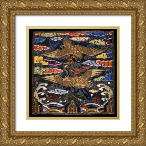 Pair of Badges (Hyungbae) of the Upper Civil Rank with Two Cranes Gold Ornate Wood Framed Art Print with Double Matting by Unknown