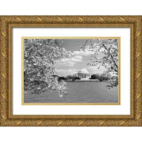 Jefferson Memorial with cherry blossoms, Washington, D.C. - Black and White Variant Gold Ornate Wood Framed Art Print with Double Matting by Highsmith, Carol