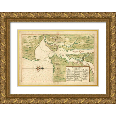 Map of New York City Region - Manatvs gelegen op de Noot Riuier, 1639 Gold Ornate Wood Framed Art Print with Double Matting by Vinckeboons, Joan
