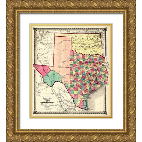 County Map of Texas, and Indian Territory, 1874 Gold Ornate Wood Framed Art Print with Double Matting by H.H. Lloyd and Company
