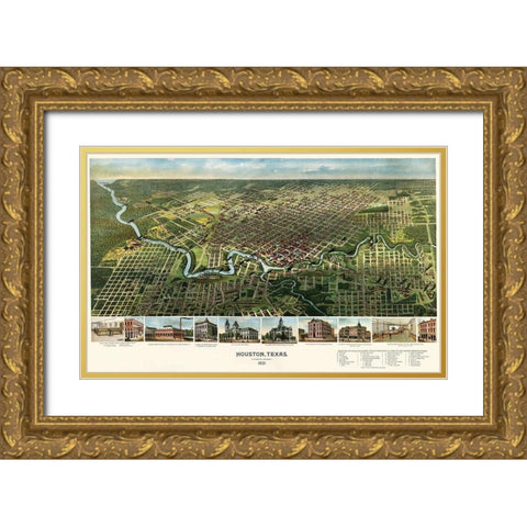 Houston, Texas, 1891 Gold Ornate Wood Framed Art Print with Double Matting by Cartographer, Unknown 19th Century