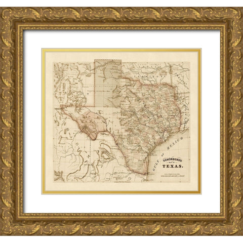 Schonbergs map of Texas, 1866 Gold Ornate Wood Framed Art Print with Double Matting by Schonberg and Co.,