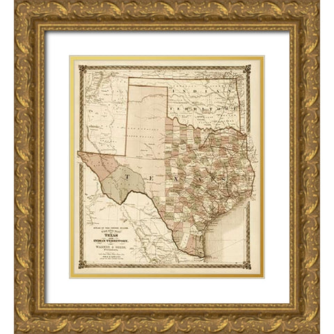 County Map of Texas, and Indian Territory, 1874 - Decorative Sepia Gold Ornate Wood Framed Art Print with Double Matting by H.H. Lloyd and Company