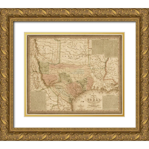 New map of Texas : with the contiguous American and Mexican states, 1835 - Decorative Sepia Gold Ornate Wood Framed Art Print with Double Matting by Mitchell, S. Augustus