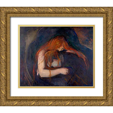 Vampire, 1895 Gold Ornate Wood Framed Art Print with Double Matting by Munch, Edvard