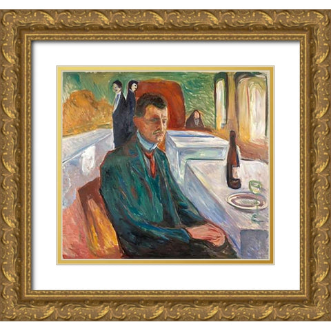Self-Portrait with a Bottle of Wine, 1906 Gold Ornate Wood Framed Art Print with Double Matting by Munch, Edvard