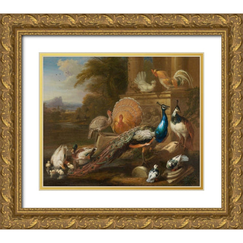 Peacocks, Doves, Turkeys, Chickens and Ducks by a Classical Ruin Gold Ornate Wood Framed Art Print with Double Matting by Cradock, Marmaduke