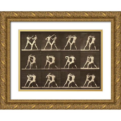 Motion Study: Men Fighting Gold Ornate Wood Framed Art Print with Double Matting by Muybridge, Eadweard