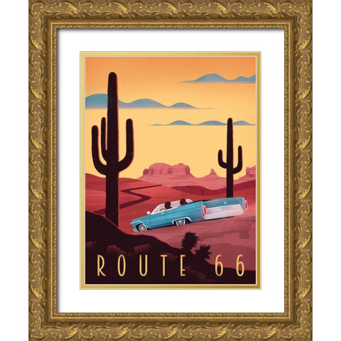 Route 66 Gold Ornate Wood Framed Art Print with Double Matting by Wickstrom, Martin