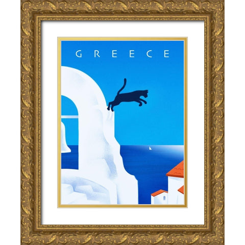 Greece - Leaping Cat Gold Ornate Wood Framed Art Print with Double Matting by Wickstrom, Martin