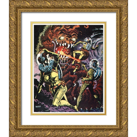 Space Explorers Battle a Beast - Preproduction Art By Wood, Unknown Film Gold Ornate Wood Framed Art Print with Double Matting by Hollywood Photo Archive