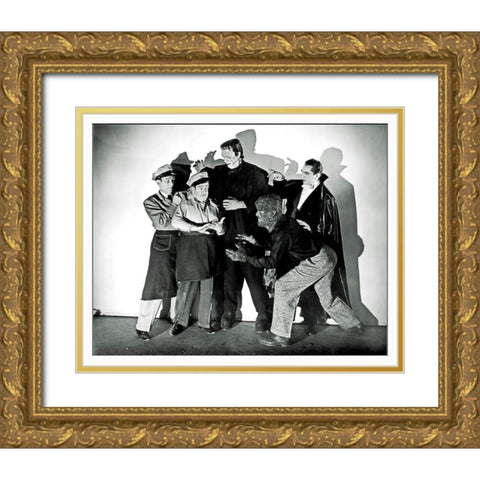 Abbott and Costello - Promotional Still with Frankenstein, Dracula and Wolfman Gold Ornate Wood Framed Art Print with Double Matting by Hollywood Photo Archive