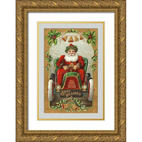 Santa Litho in Car - Best Wishes Gold Ornate Wood Framed Art Print with Double Matting by Hollywood Photo Archive