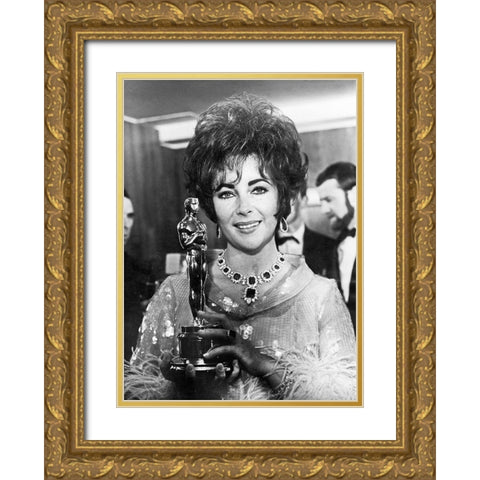 Elizabeth Taylor - Holding an Oscar Gold Ornate Wood Framed Art Print with Double Matting by Hollywood Photo Archive