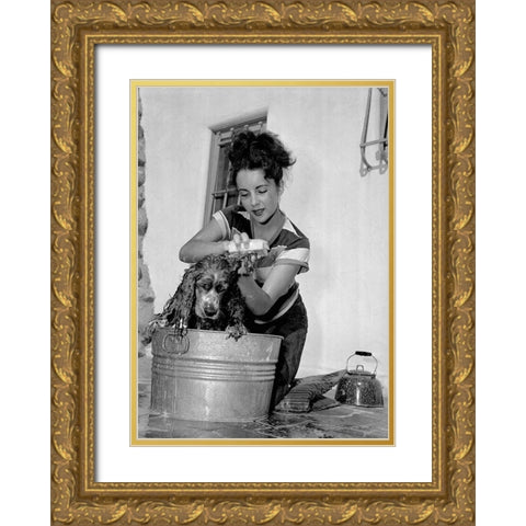 Elizabeth Taylor washing a dog Gold Ornate Wood Framed Art Print with Double Matting by Hollywood Photo Archive