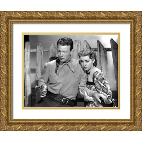 John Wayne Gold Ornate Wood Framed Art Print with Double Matting by Hollywood Photo Archive