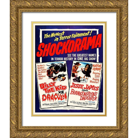 Double Feature - Billy the Kid vs. Dracula and Jesse James Meets Frankensteins Daughter Gold Ornate Wood Framed Art Print with Double Matting by Hollywood Photo Archive