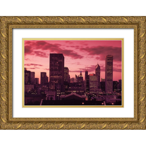 Skyline at dusk Chicago Illinois Gold Ornate Wood Framed Art Print with Double Matting by Highsmith, Carol