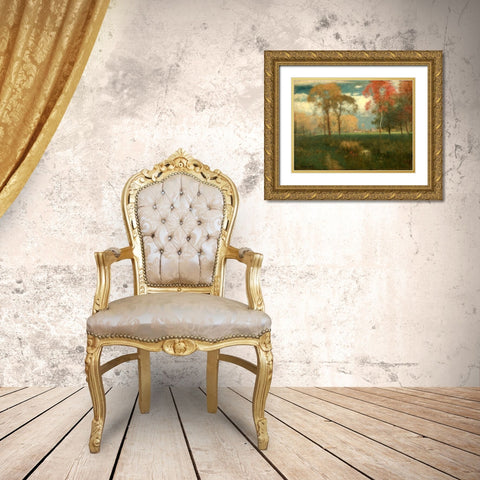 Sunny Autumn Day Gold Ornate Wood Framed Art Print with Double Matting by Inness, George