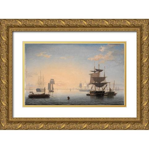 Harbor of Boston with the City in the Distance Gold Ornate Wood Framed Art Print with Double Matting by Lane, Fitz Henry