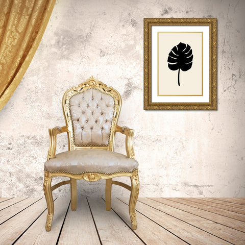 Monstera Leaf Black Gold Ornate Wood Framed Art Print with Double Matting by Uppsala Studio