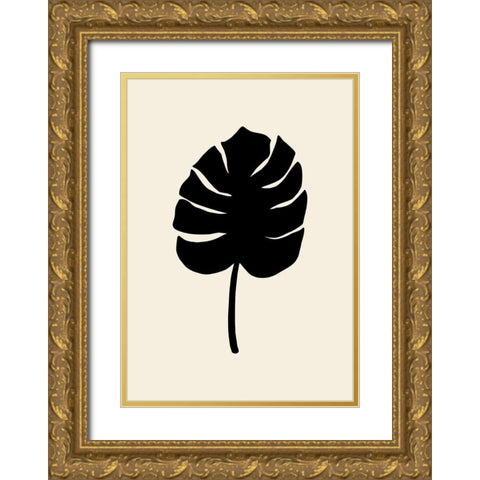 Monstera Leaf Black Gold Ornate Wood Framed Art Print with Double Matting by Uppsala Studio