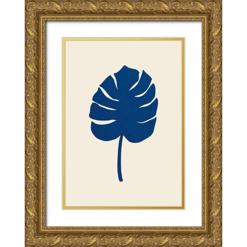 Monstera Canvas Blue Gold Ornate Wood Framed Art Print with Double Matting by Uppsala Studio