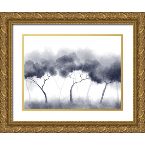 Misty Blue Forest Trees Gold Ornate Wood Framed Art Print with Double Matting by Bawden, Angela